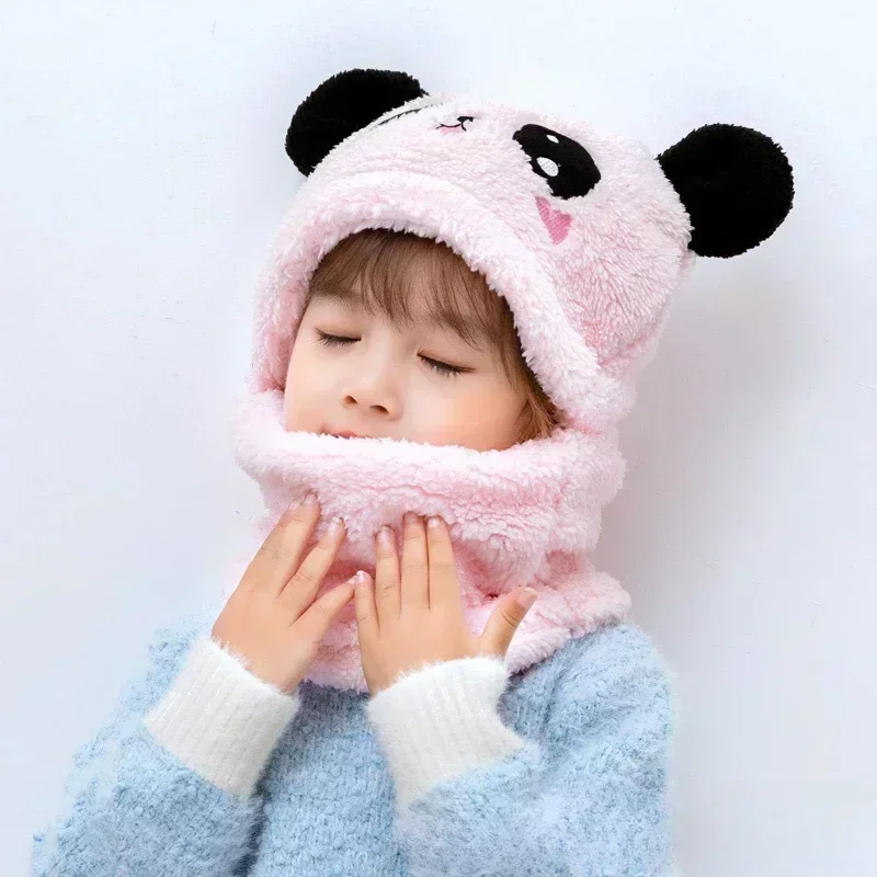 Cartoon Hat for Girls Boys Scarf Thicken for Kids Newborn Baby Stuff Children Double Fur Warm Fleece Kids Caps Streetwear