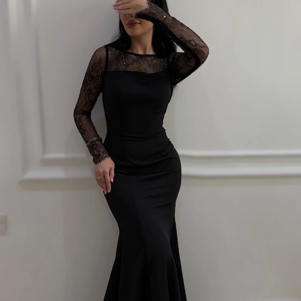 

Customized O-neck Simple Mermaid Jersey Evening Dress ILLUSION Full Sleeves With Sequined Party Dress Floor Length Prom Gown
