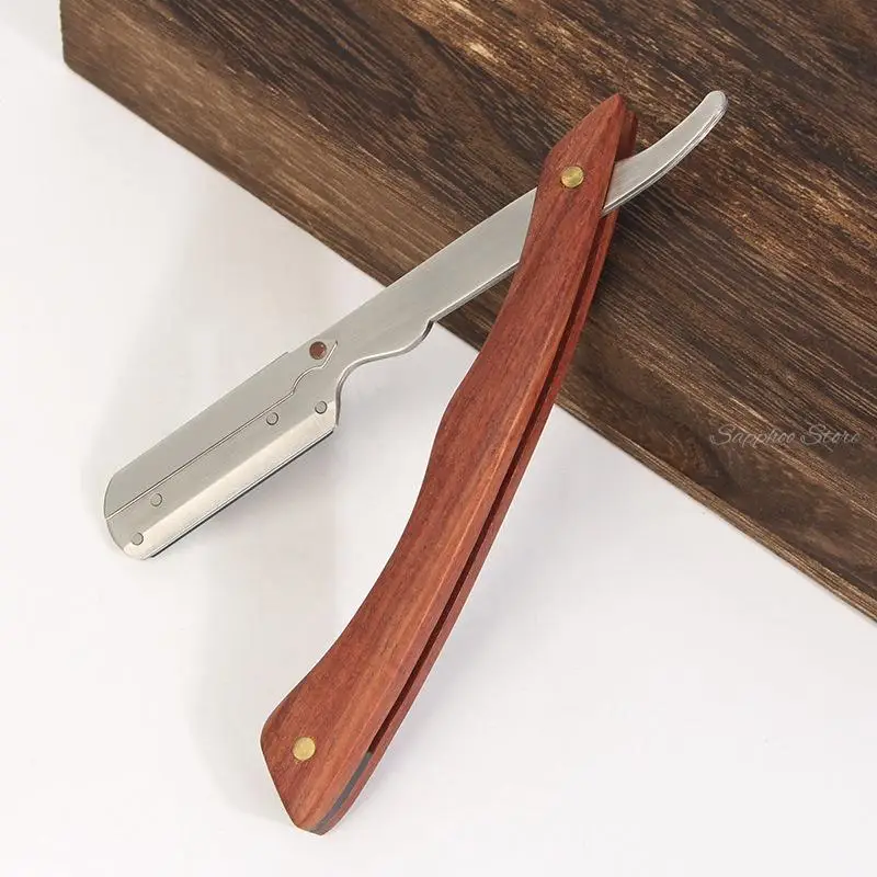 Men Stainless Steel Hair Razor Folding Retro Manual Shaving Knife Holder Blood Sandalwood Handle Barber Tools Free 10pcs Blades