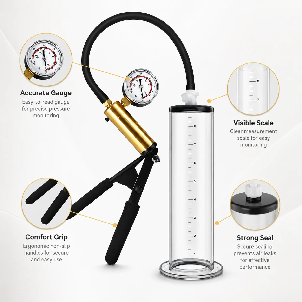 Men Manual Vacuum Pump Trainer Kit with Clear Acrylic Cylinder, Black Hose, Metal Pressure Gauge and Hand Suction Control view 3