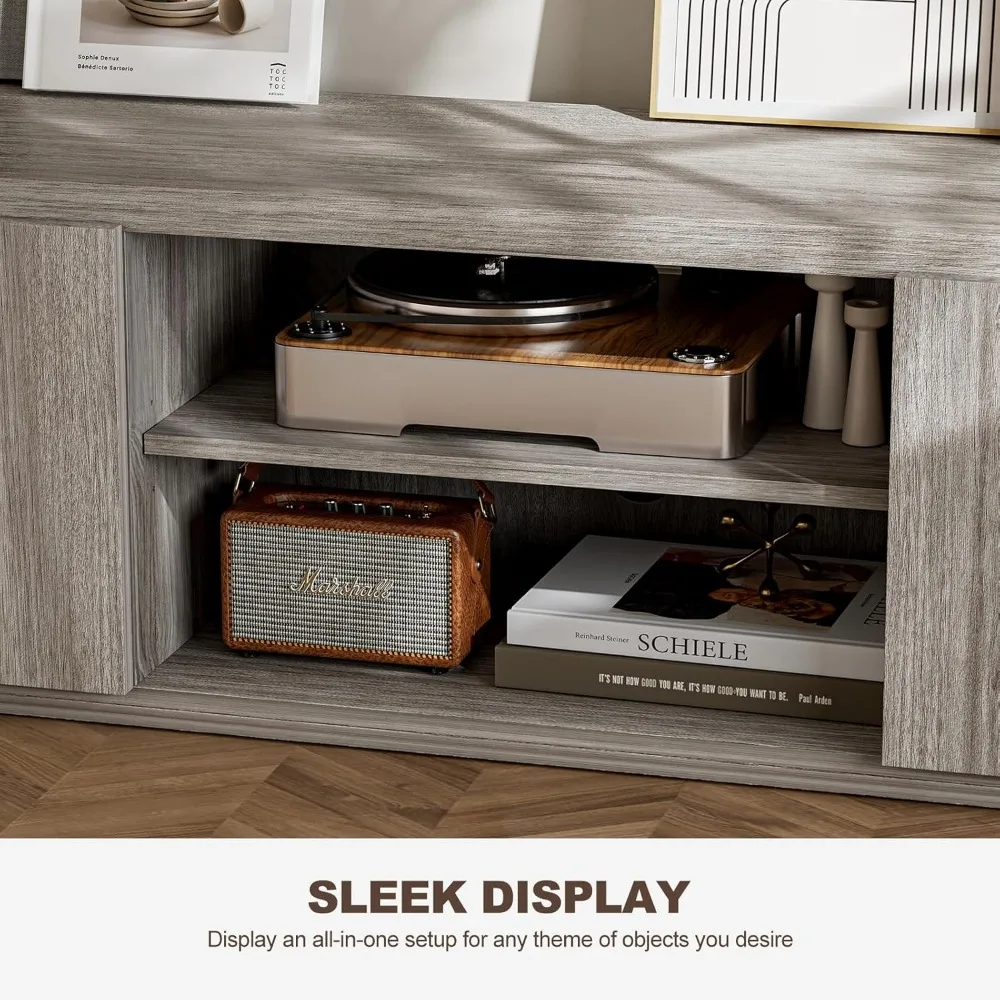 طاولة وحدة تحكم مركزية ترفيهية متوافقة مع تلفزيون مقاس 75 بوصة مع أدراج كبيرة الحجم وأرفف مفتوحة ذات طبقة مزدوجة، وهيكل خشبي #6