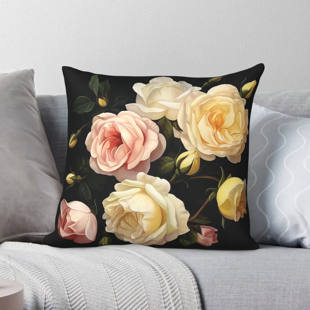 Pink Pastel Roses On Black Square Pillowcase Polyester Linen Velvet Creative Zip Decorative Home Wholesale 45x45