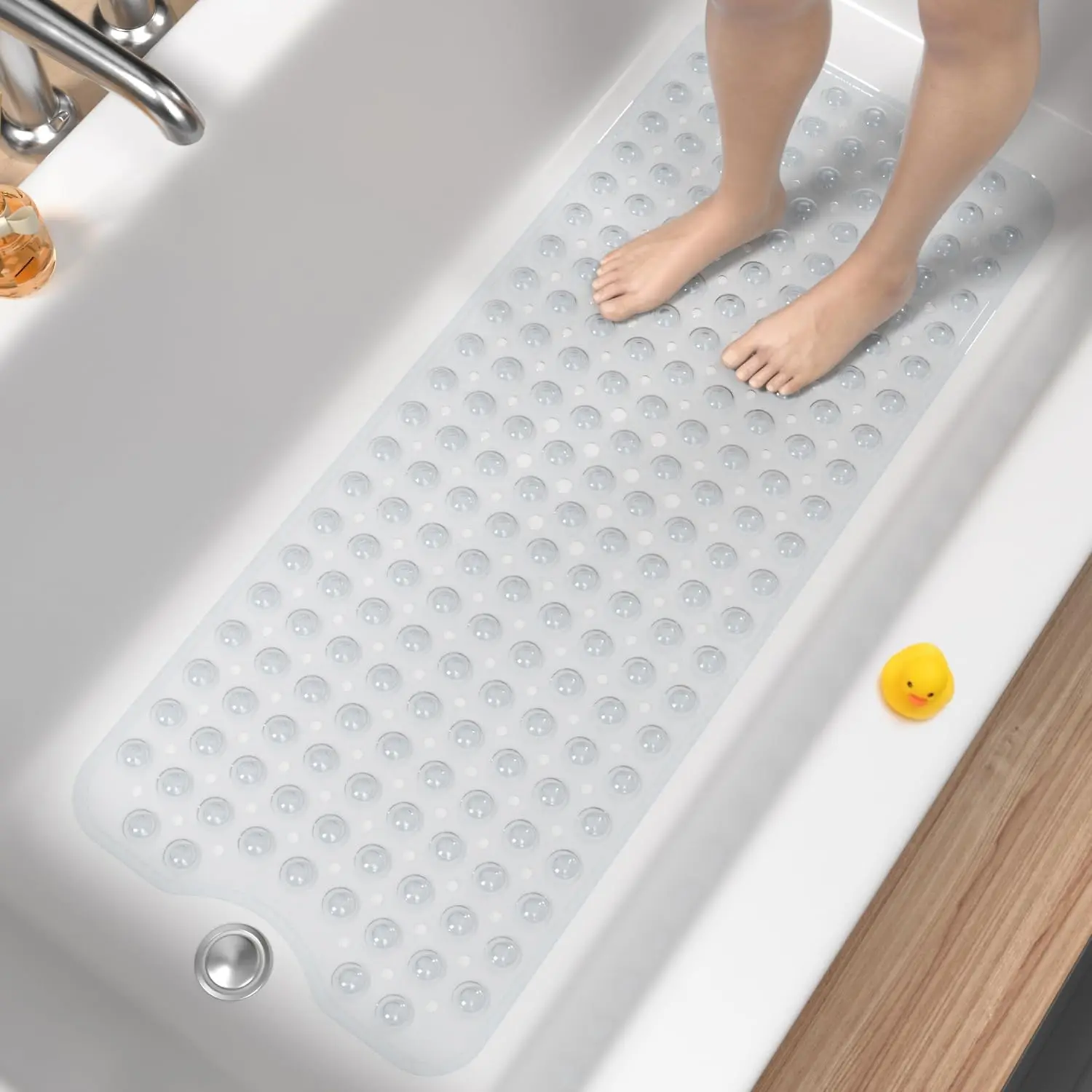 

Non-Slip Extra Long Bathtub Mat, 40x16 Inch with Suction Cups & Drain Holes, Machine Washable, Soft Clear Shower Mat