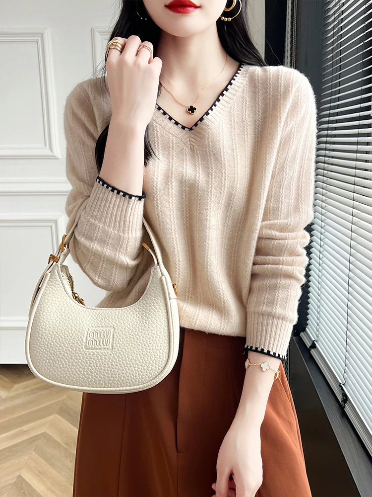 Women's Sweater Cashmere V-neck Pullover Autumn Winter Long Sleeve Soft 100% Merino Wool Knitwear Comfortable Chic Clothing Tops