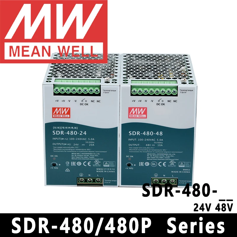 Mean Well SDR-480/480P-24/48 meanwell AC/DC 24V/48V 480W Single Output Industrial DIN Rail with PFC Function Power Supply