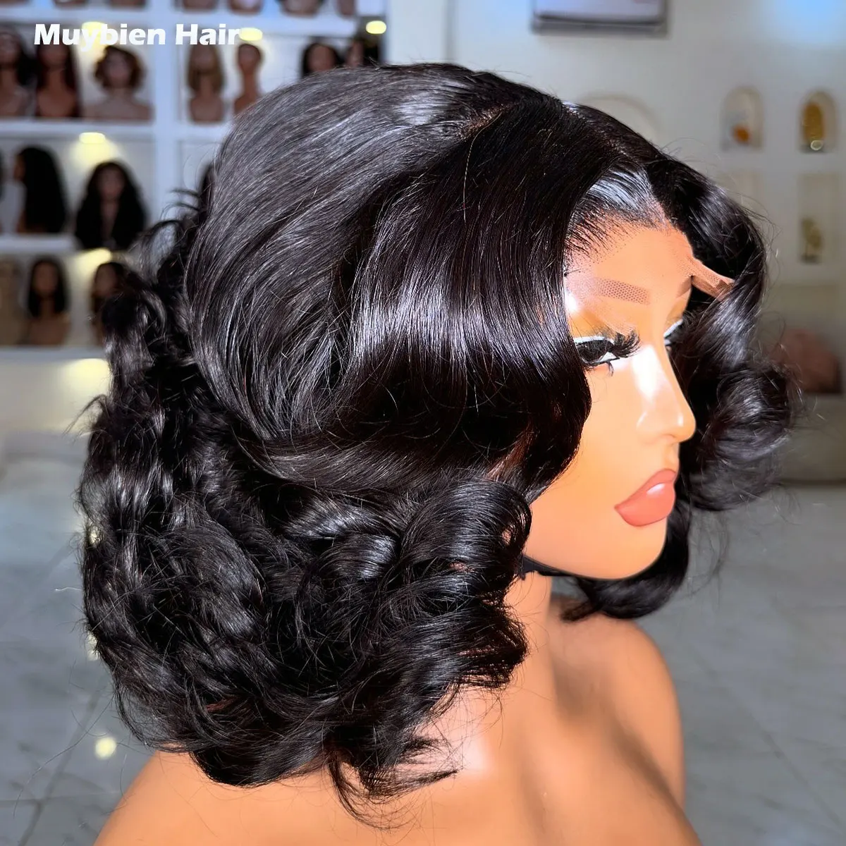 

Парик-каре без клея, супердвойной объем, из натуральных человеческих волос, натуральный черный, с объемной волной, короткий, 13x4 HD, с кружевной передней частью, пышный кудрявый парик-каре