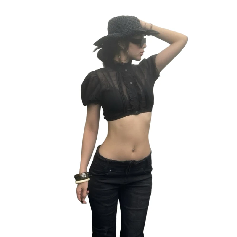 Nibber Chic T-Shirt für Damen, einreihig, durchsichtig, Falten, Puffärmel, Liniendekoration, süße Sommermode, tägliche Streetwear – Detail 14