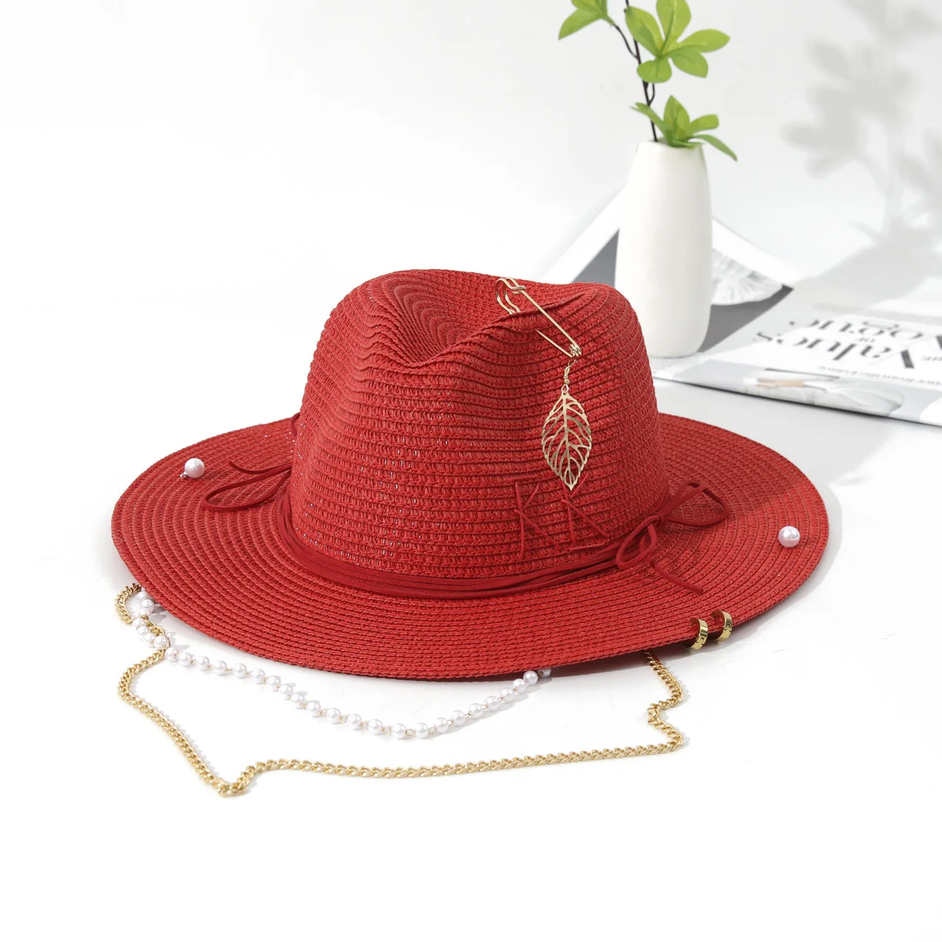 chapeau-de-soleil-en-paille-brode-a-la-main-avec-lettre-rb-motif-feuille-metallique-casquette-de-plage-haut-de-gamme