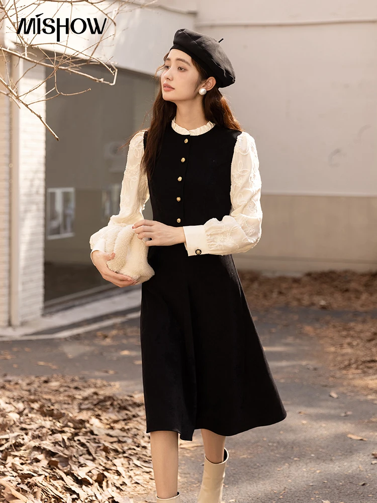 

MISHOW Autumn Winter 2023 Dress for Women French Long Sleeve Edible Tree Fungus Neck Button Woman A-line Midi Dresses MXB46L1284