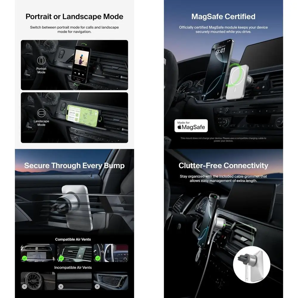 

Магнитное крепление для телефона для серий iPe 17/16/15/14, Pixel 10 и других моделей - серое, MagSae Pro Vent Holder