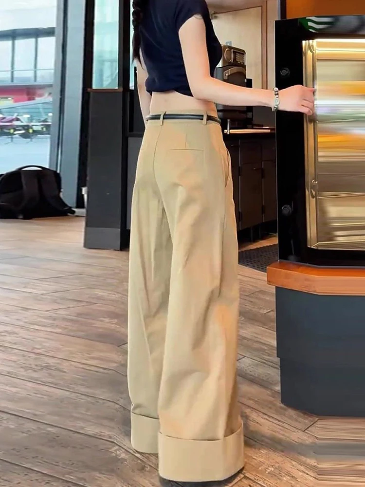 خمر بنطال ذو قصة أرجل واسعة النساء التلبيب حافة الصلبة فضفاض حزام غير رسمي عالية الخصر بنطلون Y2K الشارع الشهير Harajuku مكتب سيدة السراويل جديد
