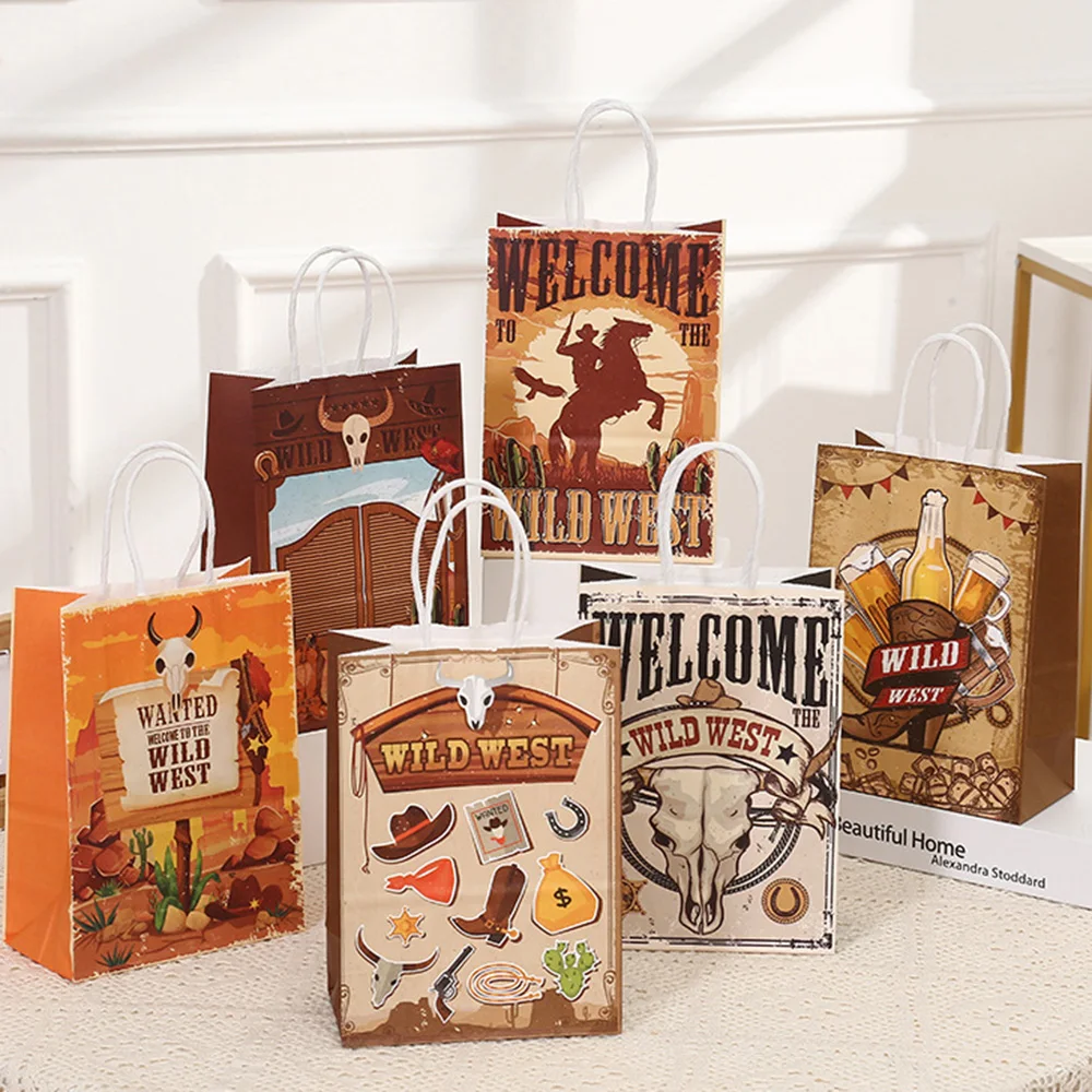 

6 PCS Western Cowboy Birthday Party Favor Bags Candy Bags Paper Rodeo Party Goodie Bag Wild West Gift Treat Bags with Handles ﻿