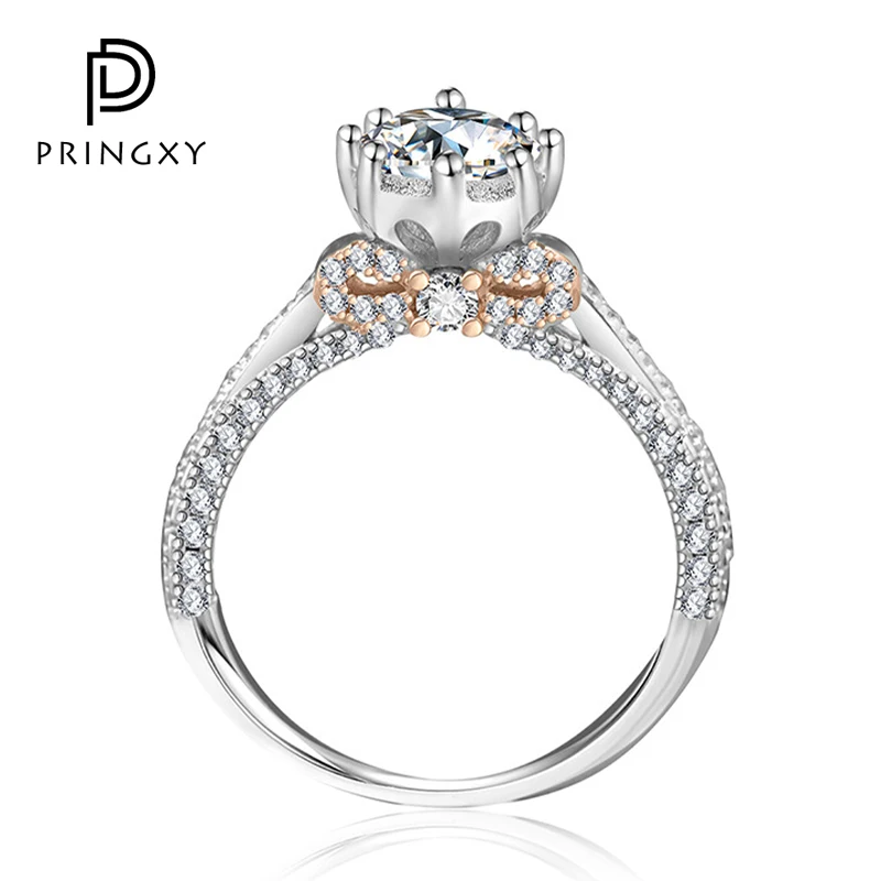 

PRINGXY Bow Knot Real D Color Moissanite Diamond Ring For Women Solid 925 Sterling Silver Platinum Plated Wedding Fine Jewelry