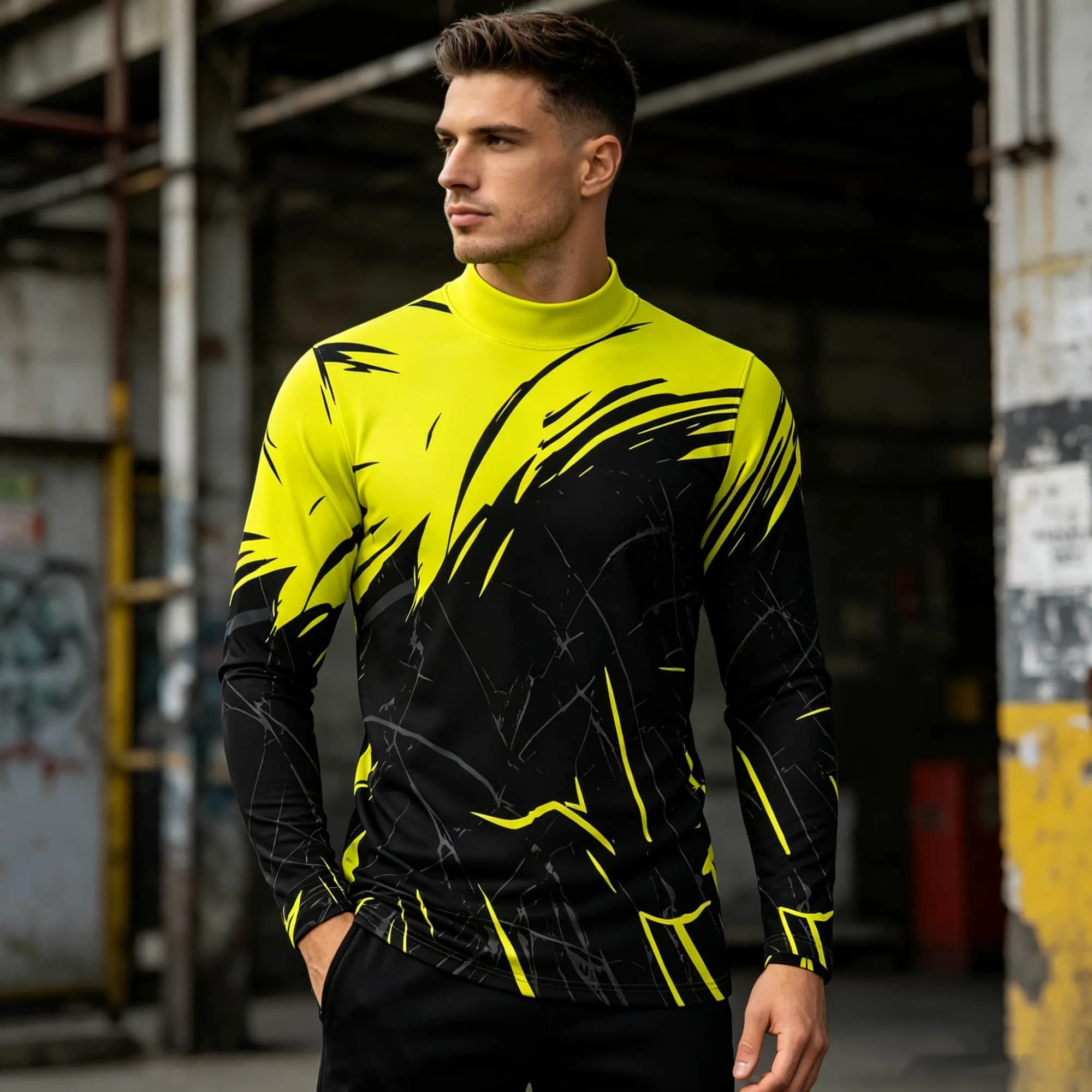 Men's Half High Collar Long Sleeve T Shirt Yellow Black Panel Abstract Brush Crack Texture Print Street Fashion Top