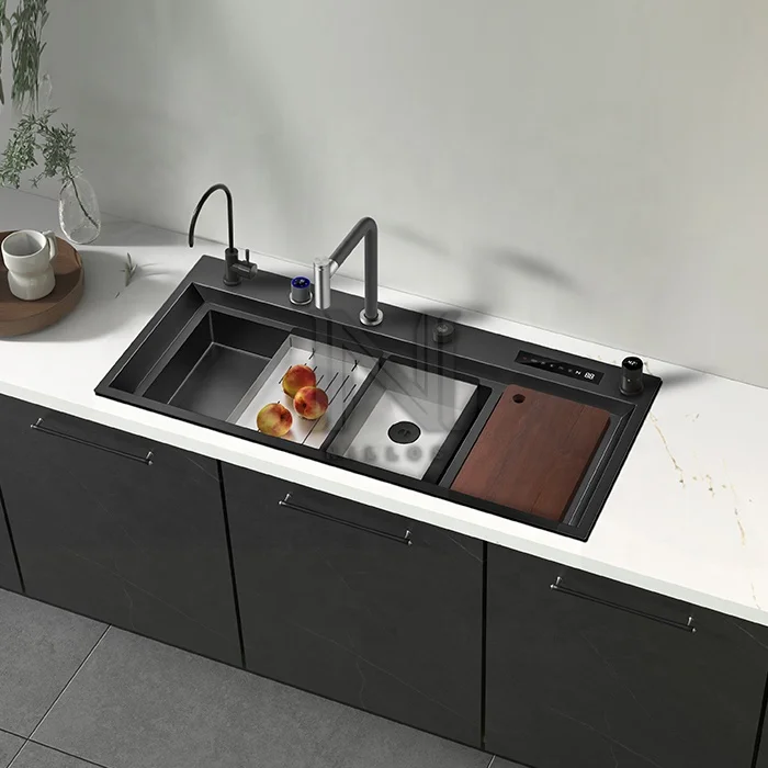 11550 High-tech Disinfection Large Size Stepped Sink Washing Fruits, Vegetables And Seafood 3 In 1 Black Dishwasher Kitchen Sink