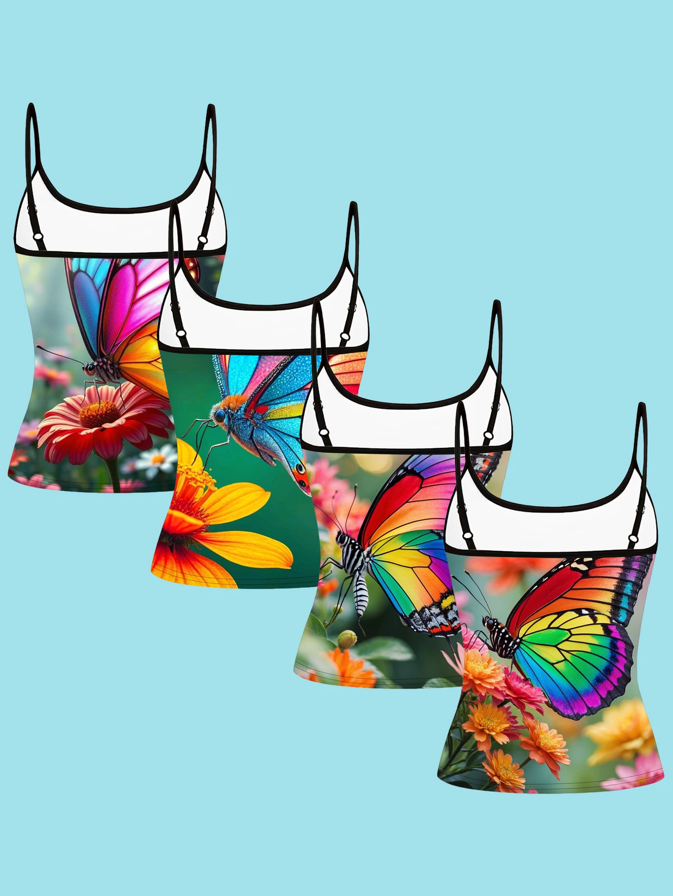 4-Piece Set of Women's Rainbow Butterfly Gerbera Print Spaghetti Strap Camisole Slim-Fit Base Layer Tops