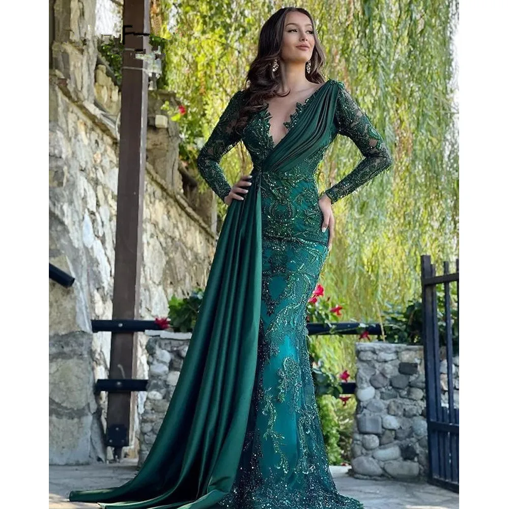 Customized   Mermaid Evening Dresses Arabic Luxury Beaded lace embroidery Elegant For Woman prom Party gown With Long Sleeves