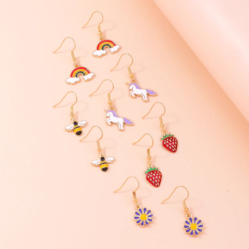 Aihua Cute Animal Earrings Sets For Women Girls Enamel Bee Unicorn Flower Strawberry Rainbow Earrings for Birthday Party Gifts