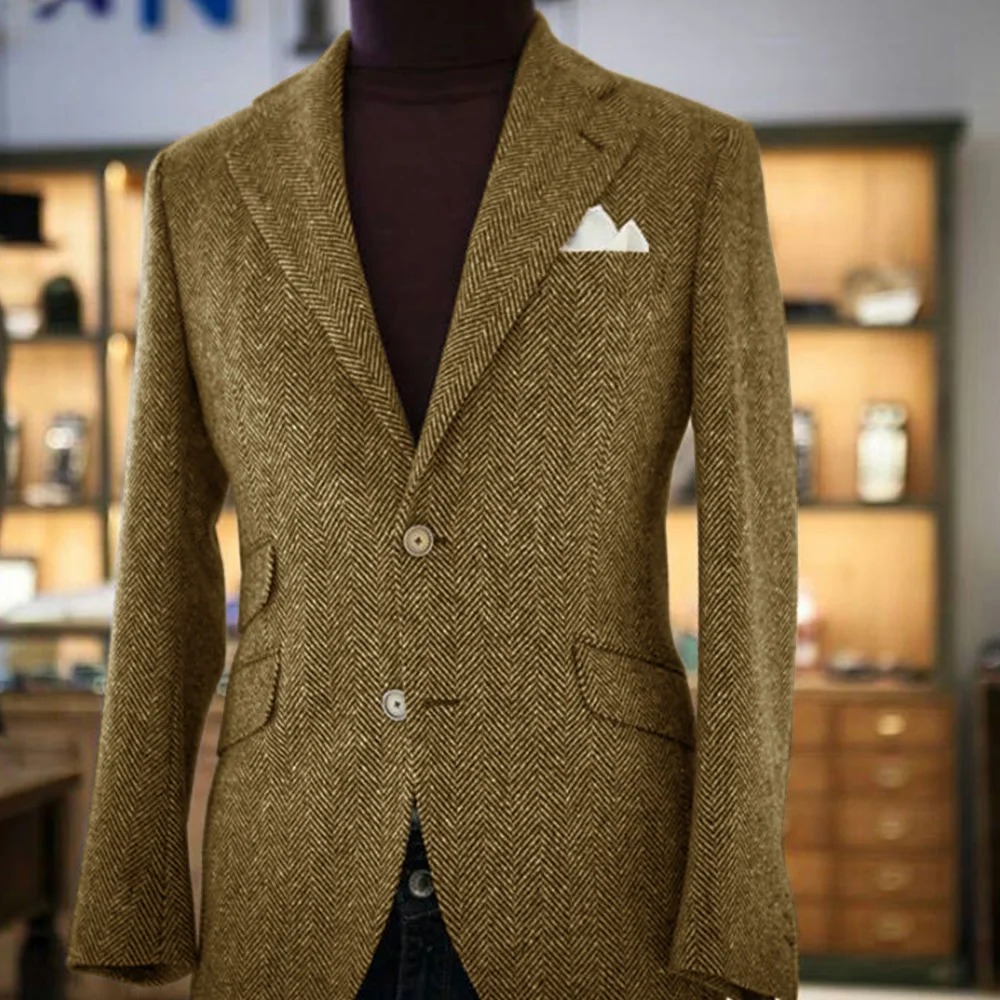 Vintage British Windsor Men's Tweed Blazer Slim Fit Houndstooth Plaid Wool Suit Thick for Autumn Winter