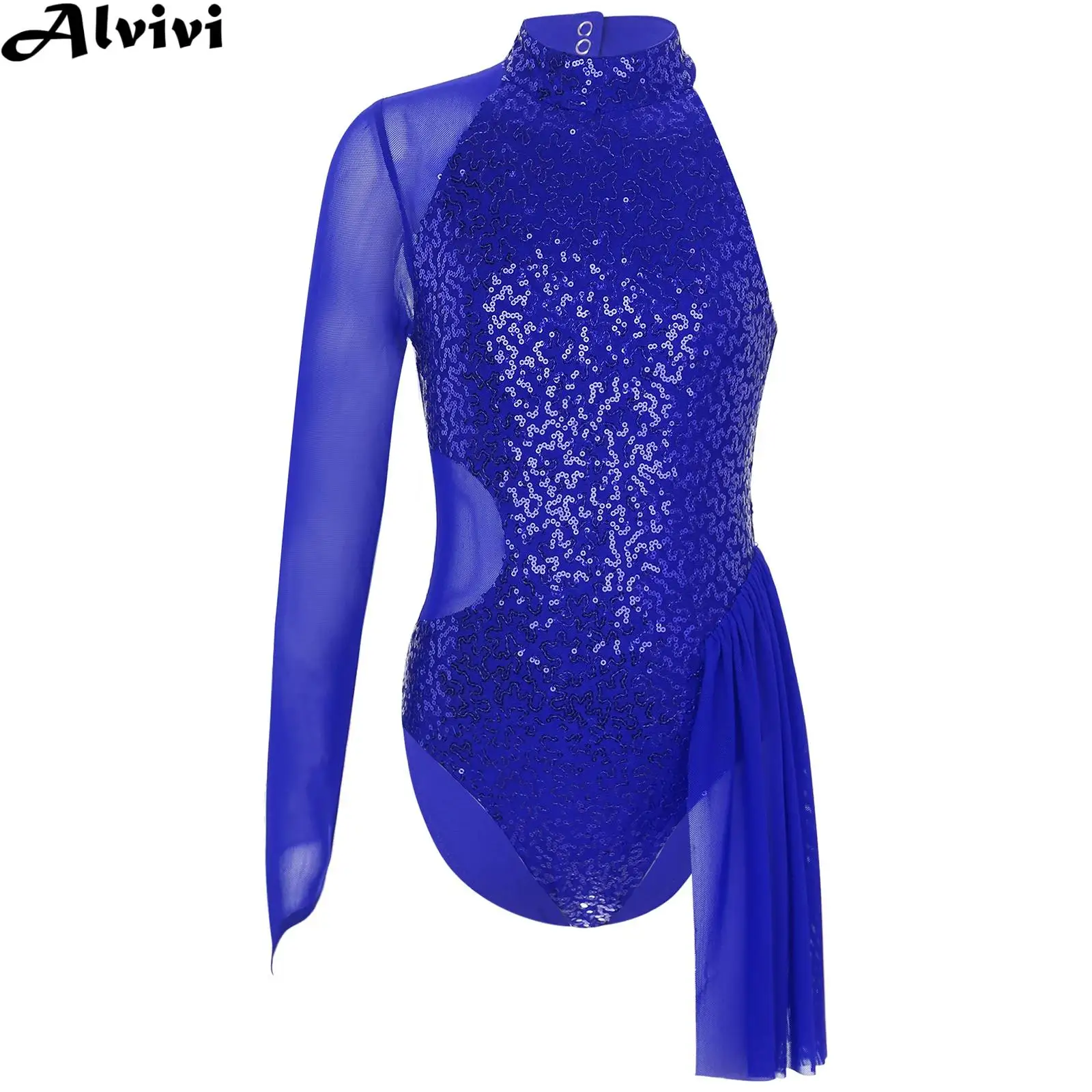 Kids Girls Jazz Latin Dance Bodysuit Figure Skating Ballet Gymnastics Costume One Shoulder Sequins Sheer Mesh Leotard Dancewear