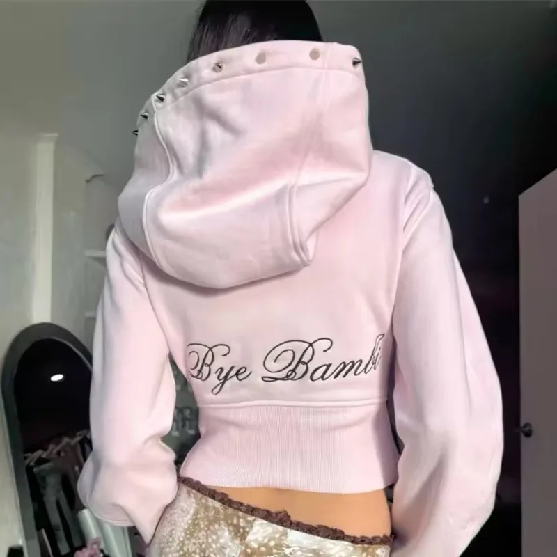 

Новая укороченная толстовка Y2K с заклепками для женщин: милый, крутой, модный уличный стиль, розовый, с длинными рукавами, укороченный, с капюшоном, на молнии