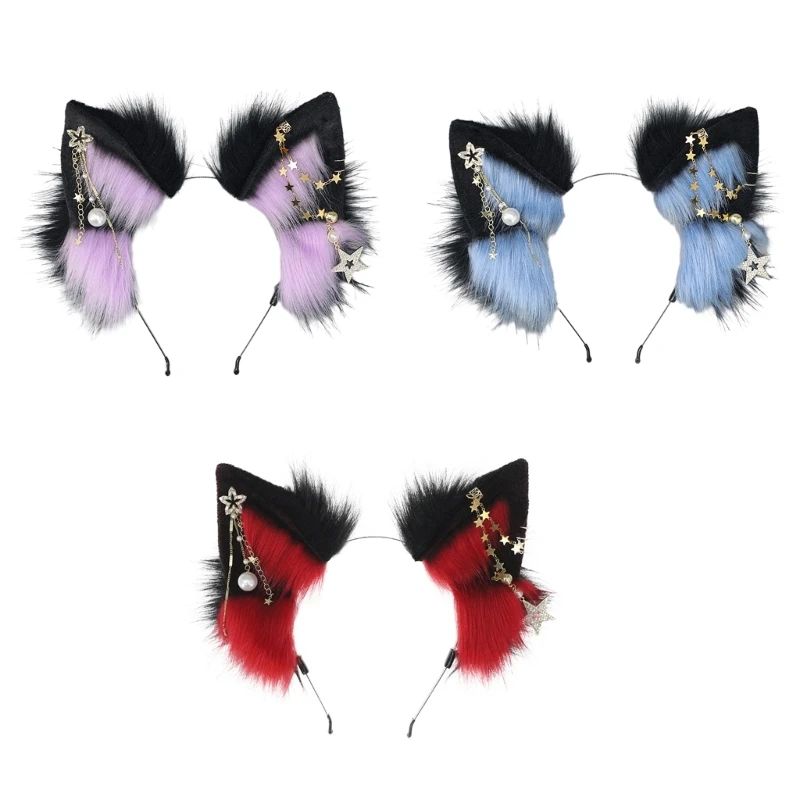 Ethnic Style Wolf Ears Shape Headband with Alloy Earring Decor Hair Hoop Adult Live Broadcast Easter Party Headpiece