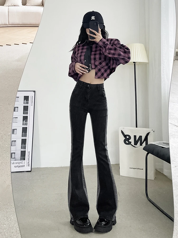 

Graduated Grey Black Flared Jeans Women's High Waist Slimming Long Diamond High Waist Bell Bottom Denim Pants Spring Autumn