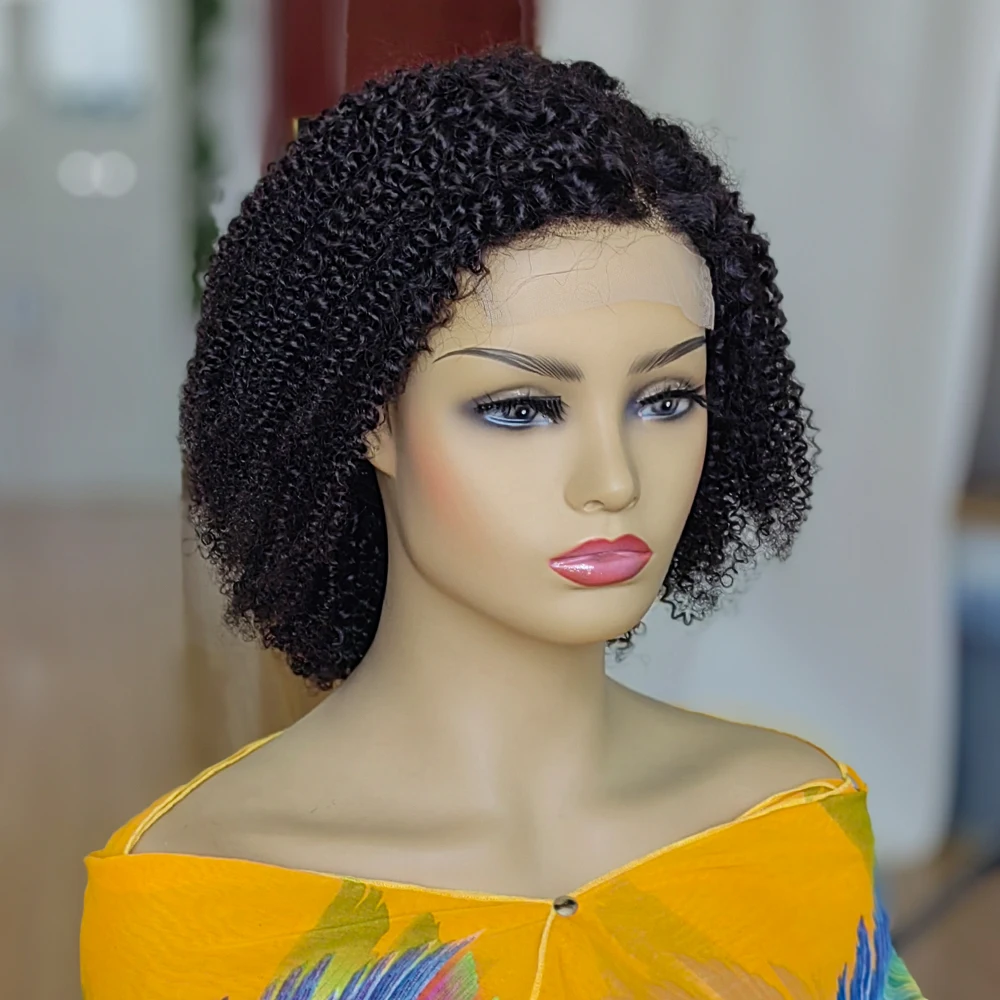 4C Kinky Edges Jerry Curly 4x4 Closure Lace Wig Side Part 100% Human Hair Pre-Plucked Short Bob Lace Front Wig