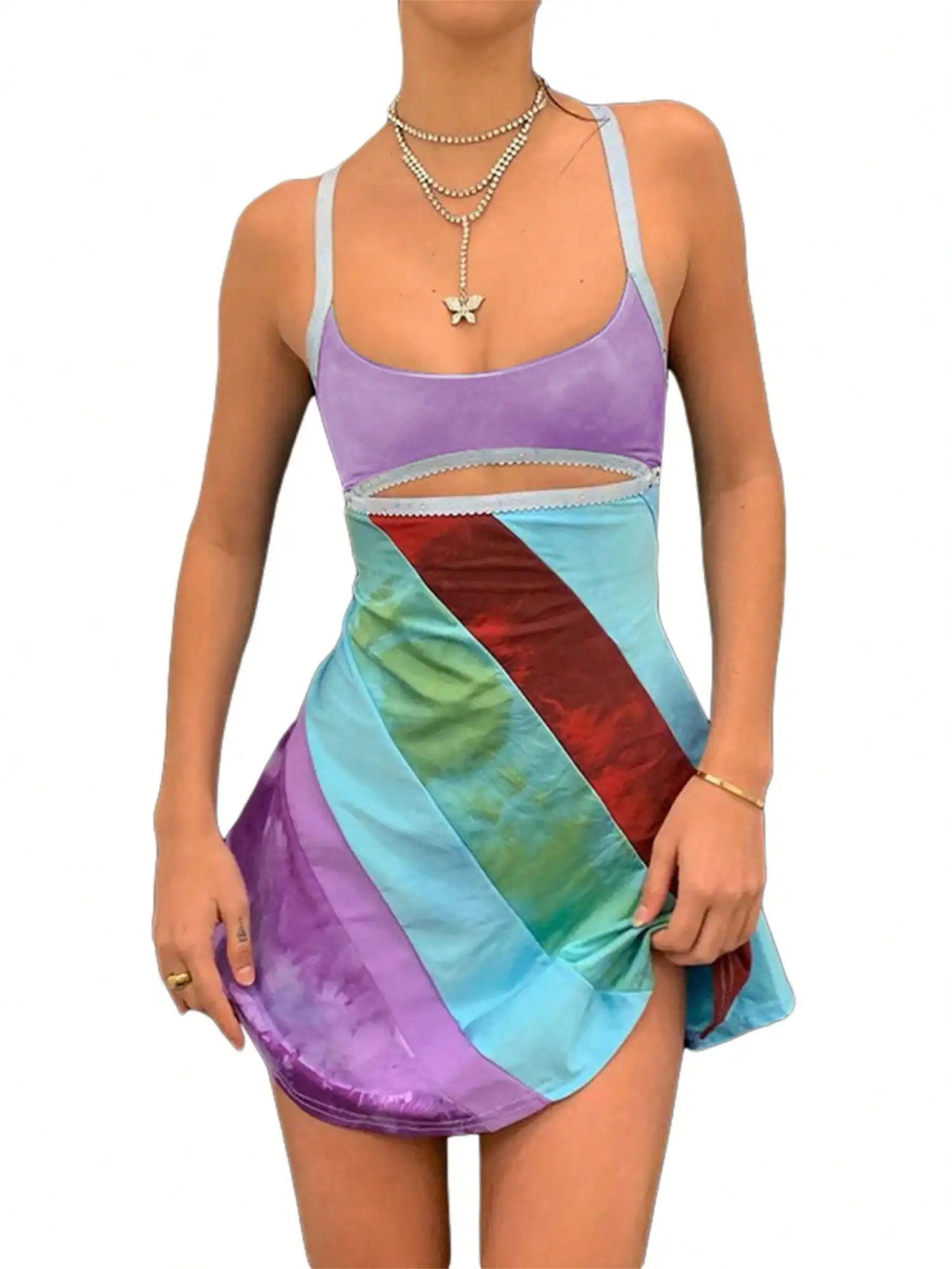 

Женское мини-платье А-силуэта с вырезами, тай-дай-эффектом, бретельками на спине, U-образным вырезом и цветовыми блоками