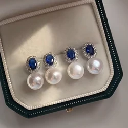 JMK Oval Blue Zircon Pearl Earrings For Women Green Earrings Bridal Wedding Jewelry Gift Bridesmaid Anniversary Birthday Party