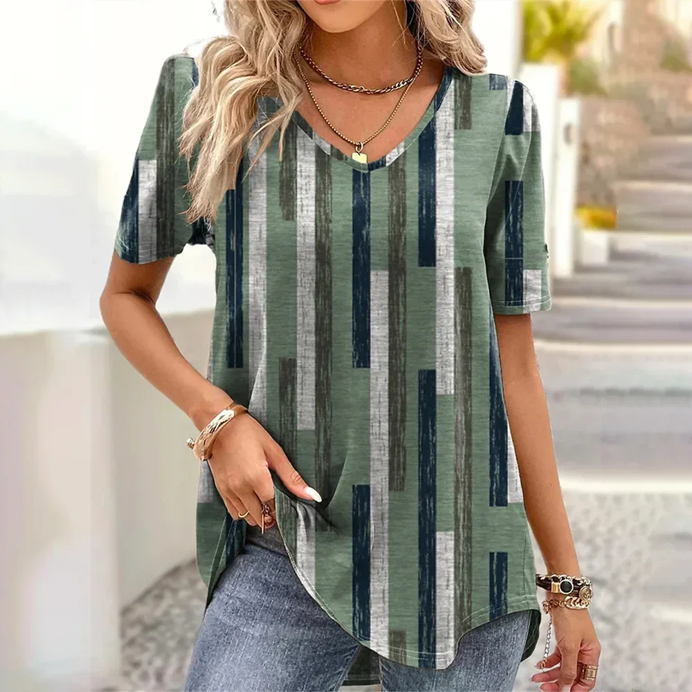 

Summer New Women's T-Shirt Loose Casual V-Neck Tee Top Stripes Printed Female Clothing T Shirts For Women Pullover Streetwear