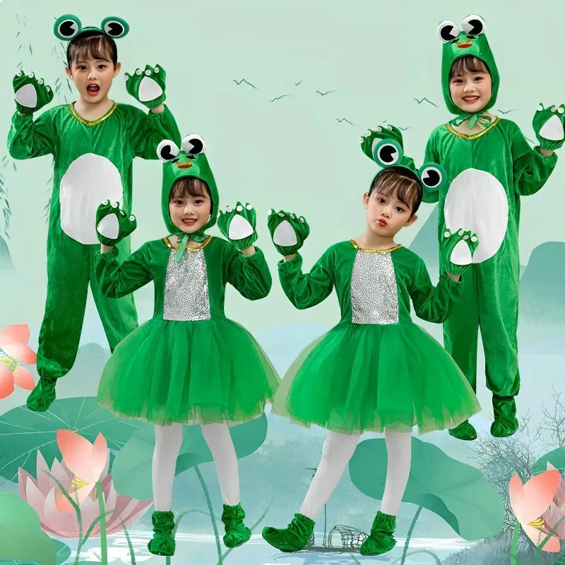 Зеленый детский костюм лягушки для косплея, костюм животного, костюм пуголовка, платье для мамы, маленькой лягушки, танцевальная одежда маленькой лягушки