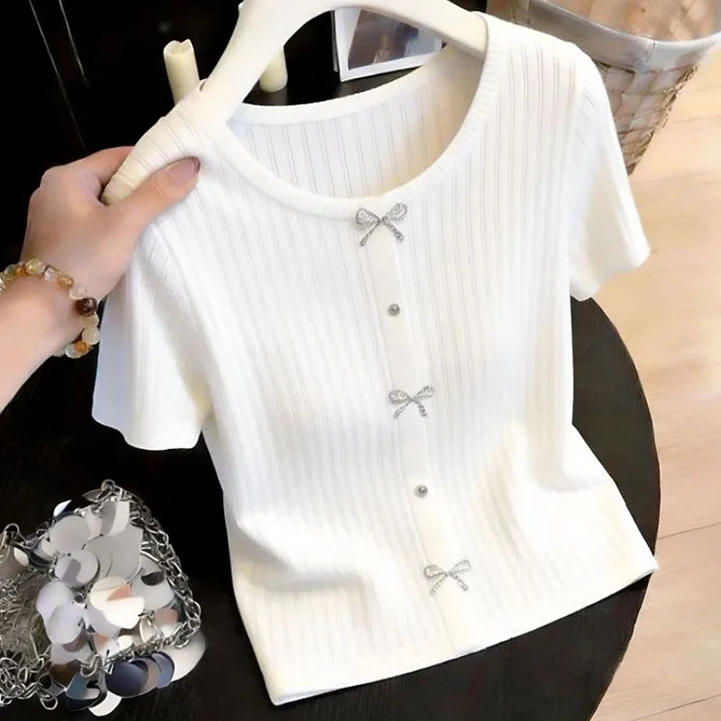 Gestrickter Pullover für Damen, Neuer Sommer-Kurzarm-Strickpullover, Damen-Oberteil mit O-Ausschnitt und Schleife, Sueters De Mujer 2026 Q3751