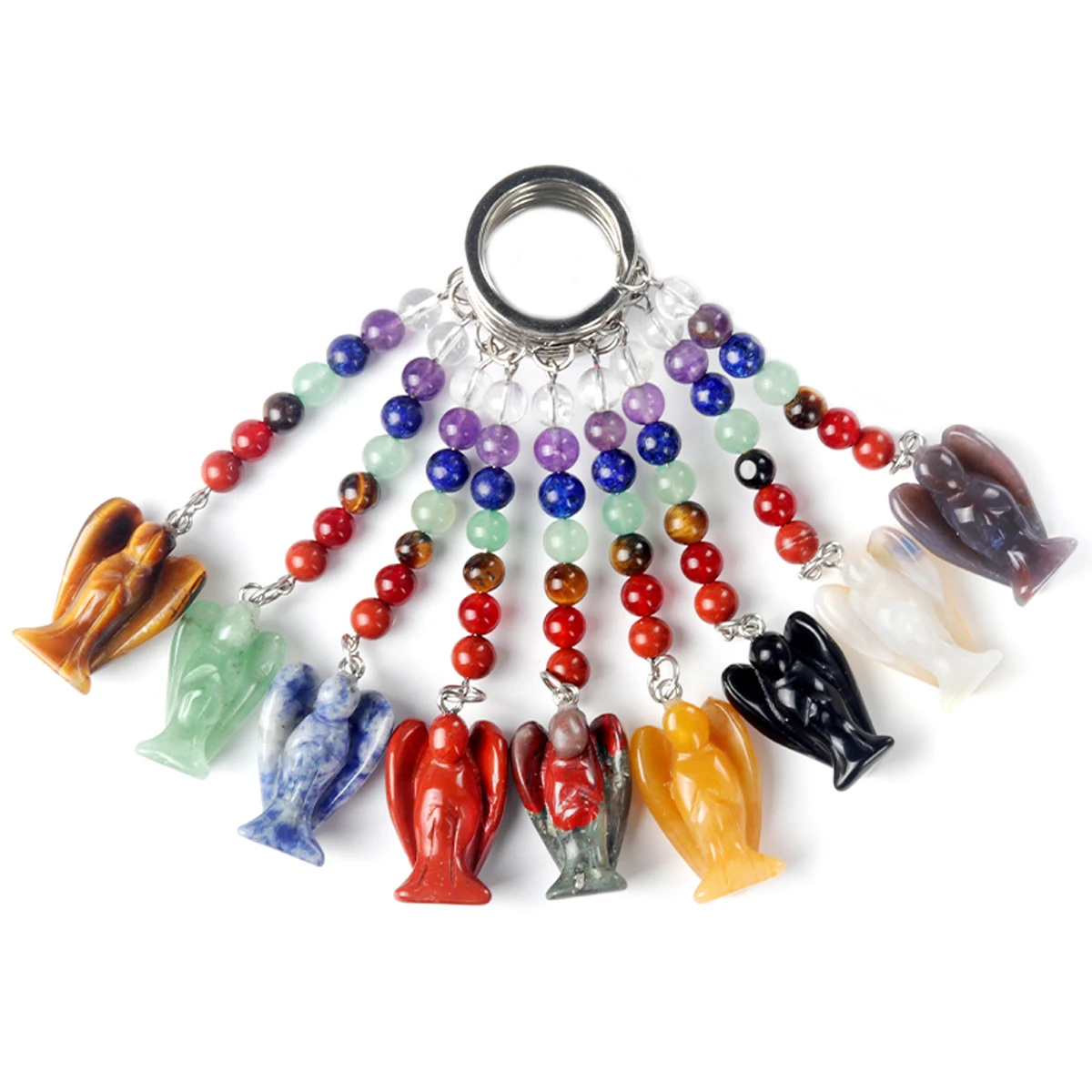 Natural Semi Precious Stones 7 Chakras Angel Shaped Reiki Healing Pendant Energy Keychain Exquisite Jewelry Backpack Accessories