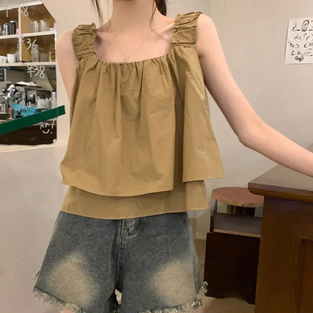 Tube Top Ruffles Tank Top Women Sweet Pleated Fashion Blouse Casual Loose Pretty Style Female Sexy Summer Sleeveless Tees