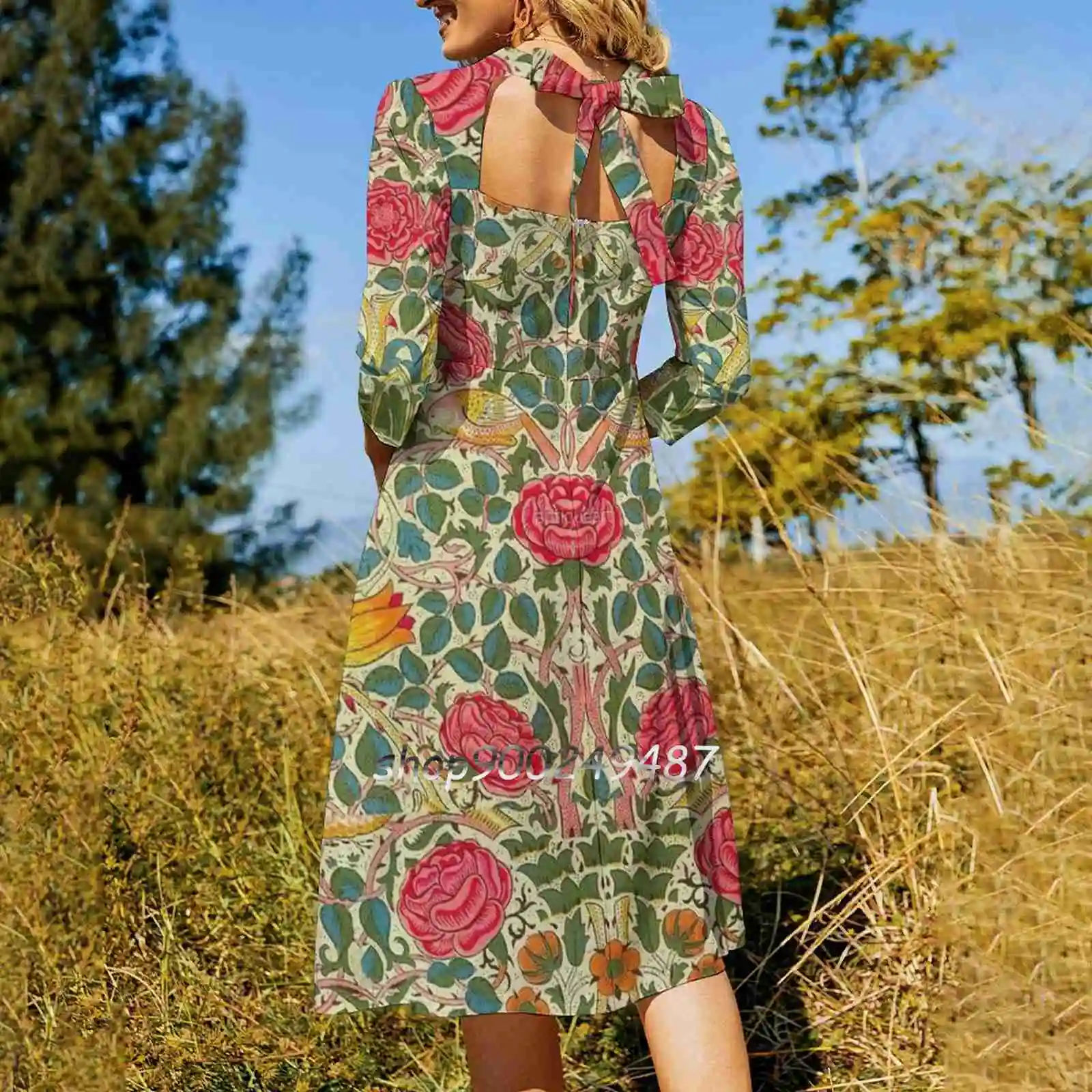 Rose Chintz William Morris Vintage Pattern Square Neck Dress Cute Loose Print Dresses Elegant Beach Party Dress William Morris