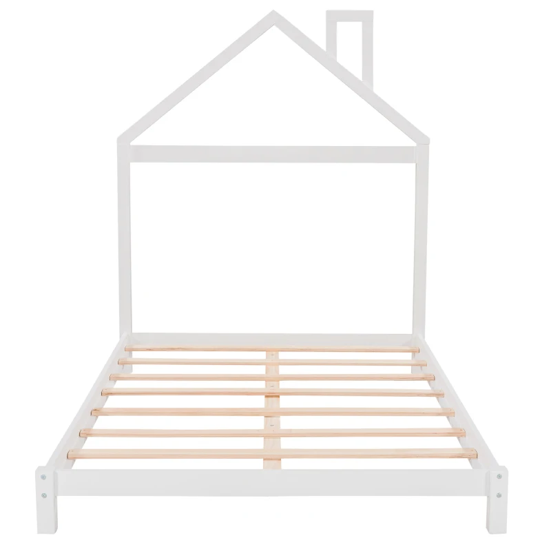 Lit plateforme en bois pleine grandeur avec planche de sauna en forme de maison, blanc