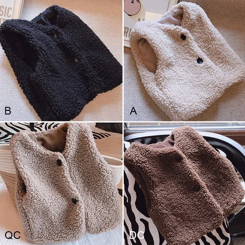 Herbst-Winter-Weste aus Lammwolle mit Samtfutter für Mädchen und Jungen, Plüschweste, einreihig, V-Ausschnitt, warmer, modischer Mantel für Kinder – Detail 8