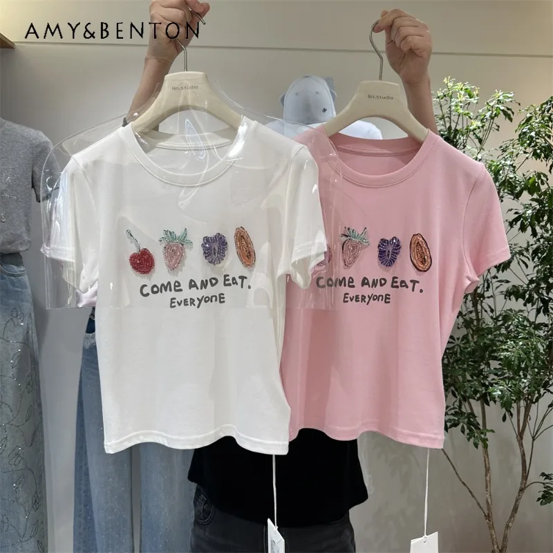 

Женская футболка с коротким рукавом и стандартным кроем плеча, летняя новинка 2026 года, модная, молодежная и стильная, тонкой работы, приталенная.