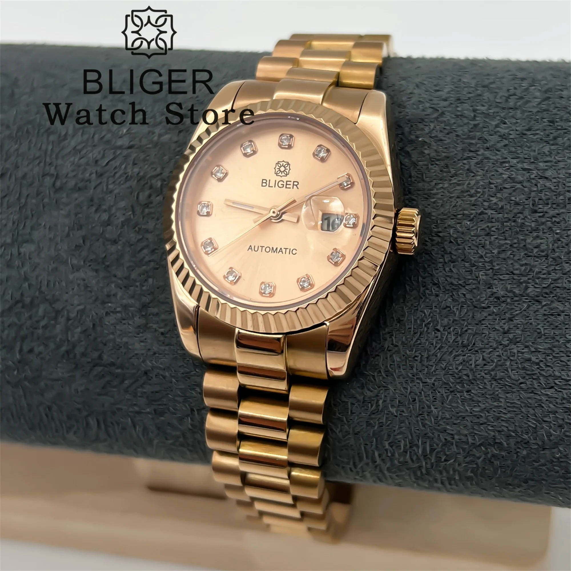 BLIGER 31mm Lady's Wristwatch NH05 Automatic Movt Rose Gold Watch Steel Case Sapphire Cyclop Fluted Bezel Business Girl's Watch