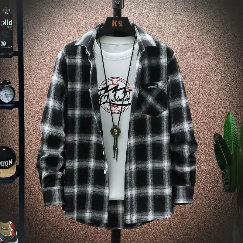 

Korean Clothing Vintage Black White Plaid Shirt Coat Spring Autumn Fashion Clothes Loose Versatile Long Sleeve Jackets JJ689