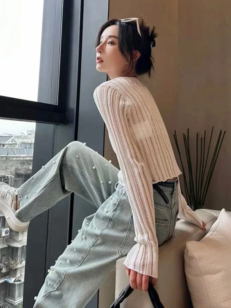 Crop Pullovers Women Slim Hollow Out Sunscreen Soft Gentle O-neck Korean Fashion Clothing Office Lady Designed Harajuku Hotsweet