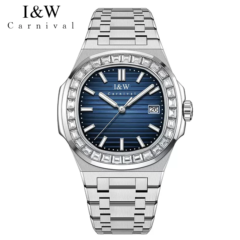 IW Luxury Men Mechanical Watch Blue Striped Dial Diamond Bezel Date Stainless Steel Automatic Business Wrist Watch MIYOTA Move