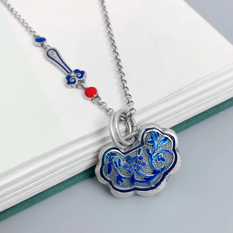 

Original 925 Silver Faceted Blue Orchid Enamel Ruyi Necklace for Women Exquisite Pendant Charms Clavicle Chain Banquet Jewelry