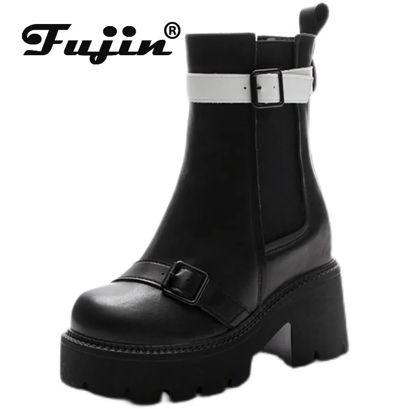 

Fujin 10cm Genuine Leather Platform Wedge Women's Ankle Boots Chimney Ladies Chelsea Autumn Spring Winter Plush Fashion Shoes