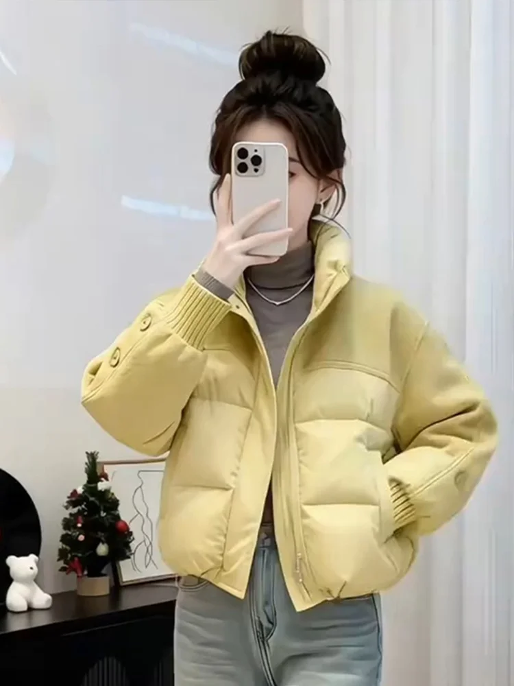 

Желтая утепленная хлопковая куртка с воротником-стойкой для женщин, зимняя, свободного кроя, в корейском стиле