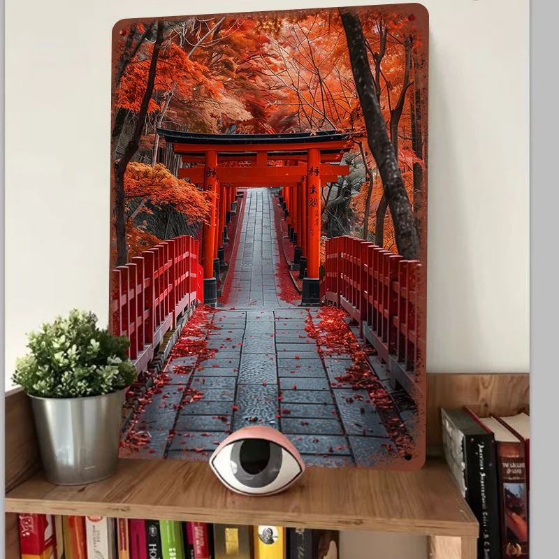 Japanese Kyoto Torii Gate Red Maple Avenue Metal Iron Wall Art Home Decor Painting