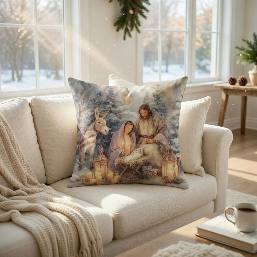 Religious Nativity Throw Pillowcase 45x45cm, Retro Holiday Design, Zipper Closure, Machine Washable for Living Room Bed