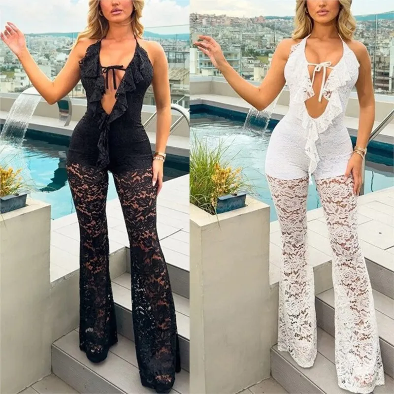 

Women's New Summer Jumpsuit For Women Lace Ruffle Backless Sleeveless Sexy Slim Fit Lace-up Deep V Neck Hollow Out Ropa Mujer