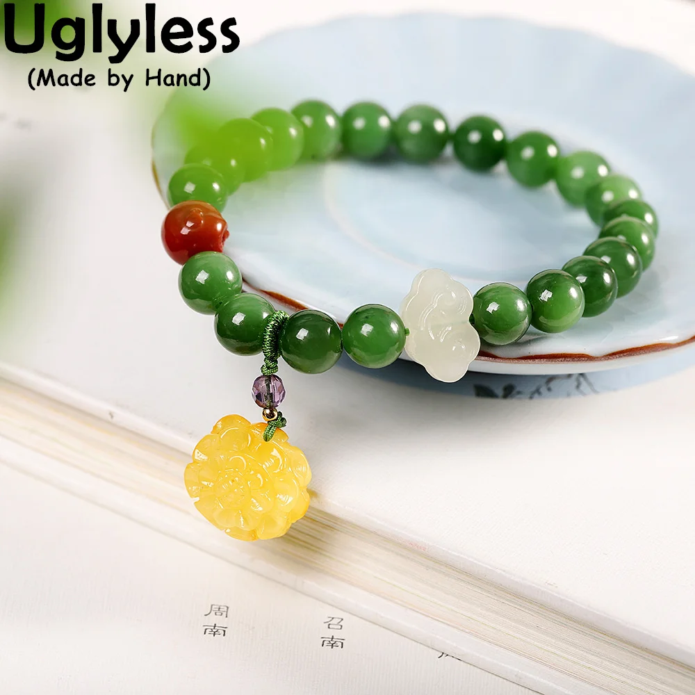 

Uglyless Natural Jasper Bracelets for Women Green Jade Amber Agate Beading Jewelry Elastic Rope Stretch Gemstones Bracelets 925